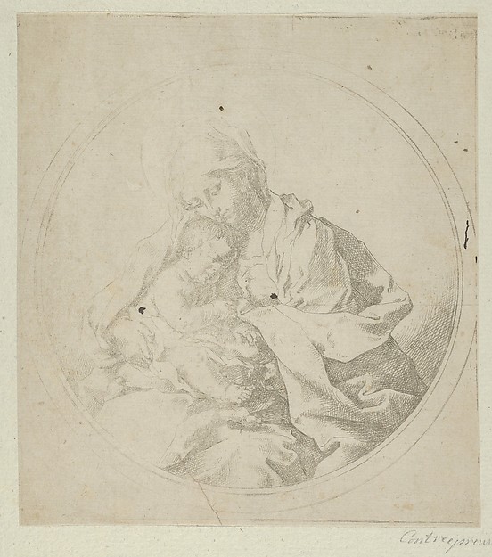 The Virgin holding the infant Christ, a circular composition, counterproof by Guido Reni