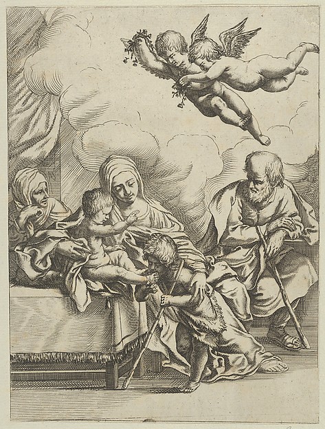 The Holy Family with young John the Baptist and Saint Elizabeth, two angels above, after Reni by Anonymous, 17th century