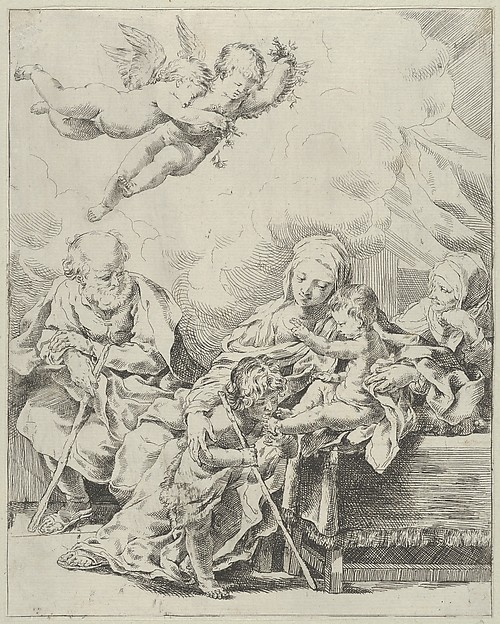 The Holy Family with young John the Baptist and Saint Elizabeth, two angels above, after Reni by Anonymous, 17th century
