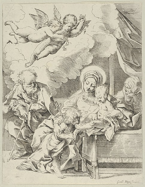 The Holy Family with young John the Baptist and Saint Elizabeth, two angels above, after Reni by Anonymous, 17th century
