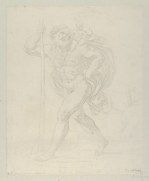 Saint Christopher walking with the infant Christ on his left shoulder by Guido Reni
