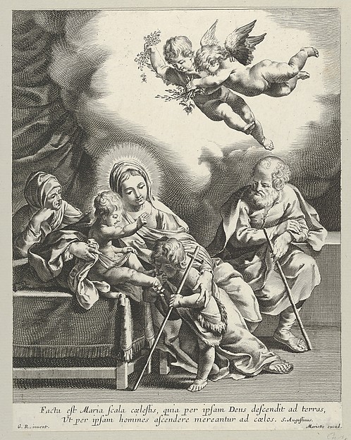 The Holy Family with young John the Baptist and Saint Elizabeth, two angels above, after Reni by Anonymous, 17th century