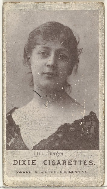 Lulu Berger, from the Actresses series (N67) promoting Dixie Cigarettes for Allen & Ginter brand tobacco products