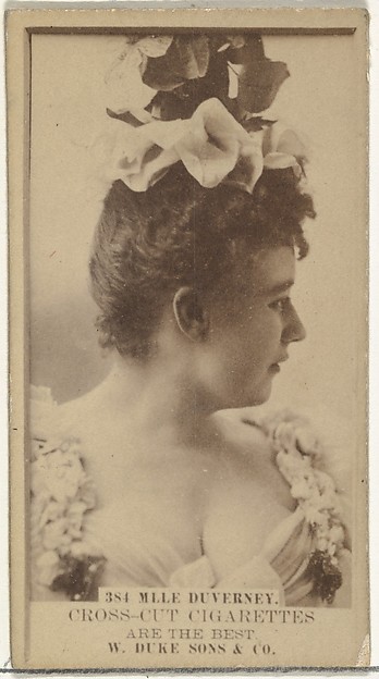 Card Number 384, Mlle. Duverney, from the Actors and Actresses series (N145-3) issued by Duke Sons & Co. to promote Cross Cut Cigarettes