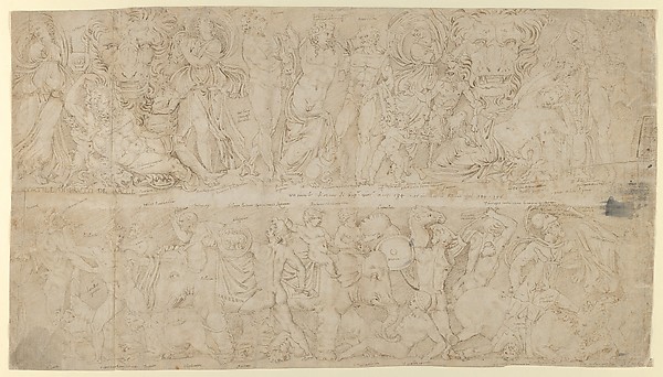Sheet with Drawings after Roman relief decorations from objects in the Collection of Cardinal Bruto della Valle. Recto: Friezes from Roman Sarcophagi with Dyonisus; Marble Funerary Relief of Lucius Antistius Sarculo and his wife Antistia Plutia