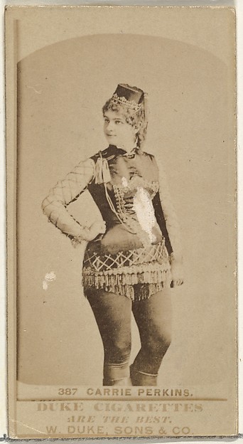 Card Number 387, Carrie Perkins, from the Actors and Actresses series (N145-7) issued by Duke Sons & Co. to promote Duke Cigarettes