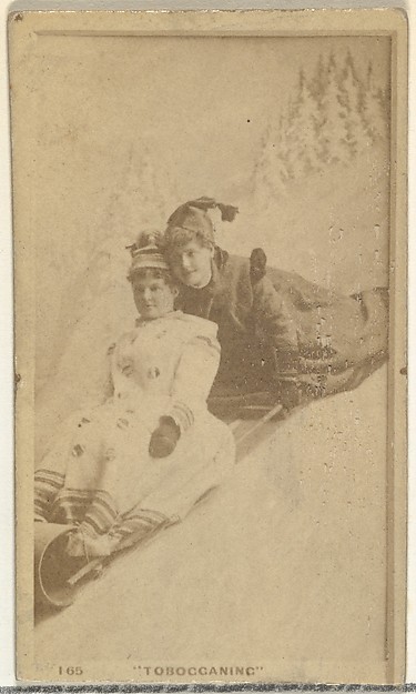 Card Number 165, Tobogganing, from the Actors and Actresses series (N145-7) issued by Duke Sons & Co. to promote Duke Cigarettes