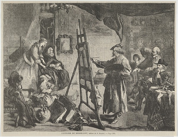 L'Atelier de Rembrandt, tableau de J. Gilbert (Rembrandt's Studio, a painting by J. Gilbert), from "L'Univers Illustré," p. 395