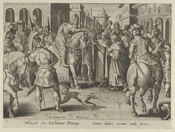 Emperor Justinian Receiving the First Imported Silkworm Eggs from Nestorian Monks, Plate 2 from "The Introduction of the Silkworm" [Vermis Sericus]