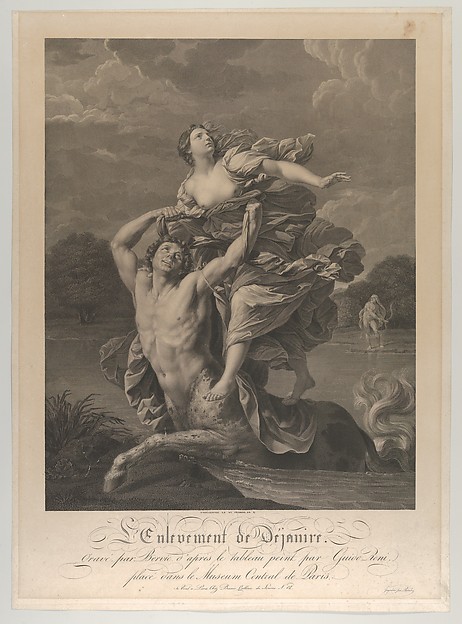 Dejanira being abducted by the centaur Nessos, a man with bow and arrow at right, after Reni