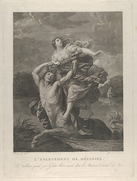 Dejanira being abducted by the centaur Nessos, a man with bow and arrow at right, after Reni
