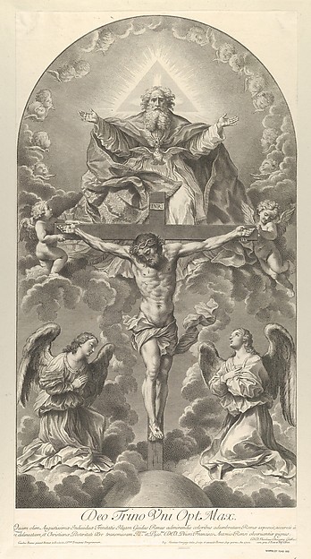 The Holy Trinity; Christ on the cross flanked by two angels, the Holy Spirit as a dove and God in heaven above the cross, a rectangular composition with half-circle at the top, after Reni by Sir Nicolas Dorigny