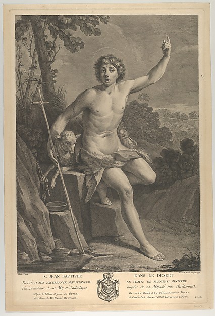 Saint John the Baptist in the desert, seated on a rock and pointing upward with his left hand, a lamb at his right by Pedro Pascual Moles