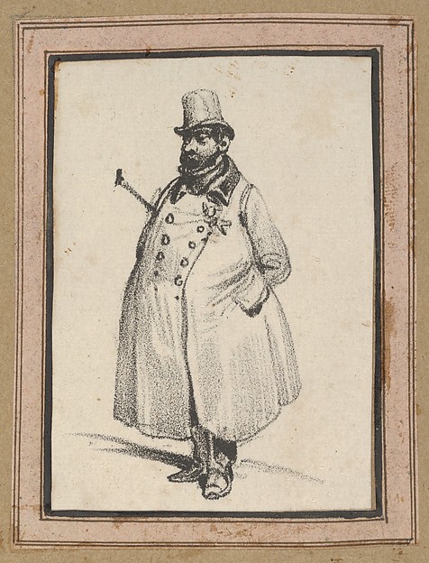 Man wearing a coat and a hat with a cane under his arm