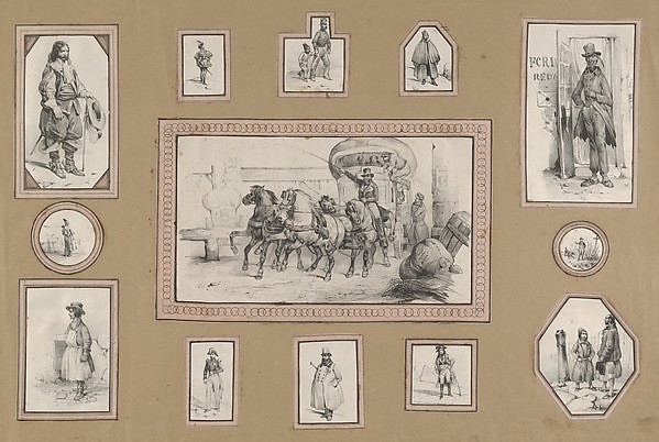 13 mounted prints depicting a carriage scene at center surrounded by various men