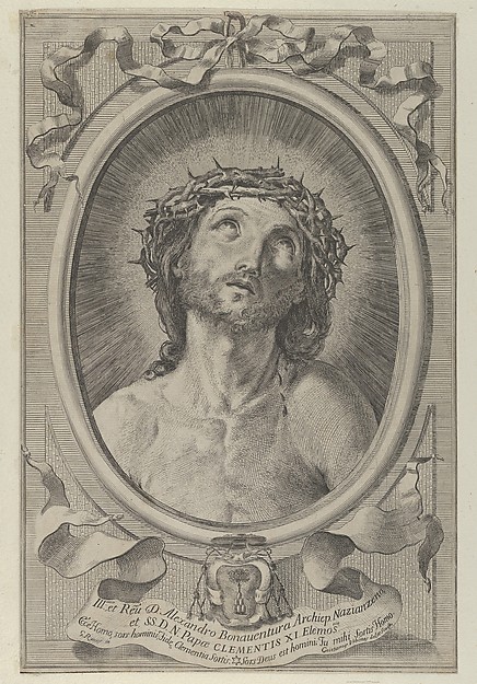 Head of Christ with crown of thorns, in an oval frame with a ribbon above and banderole below, after Reni by Cajetanus Urbinas