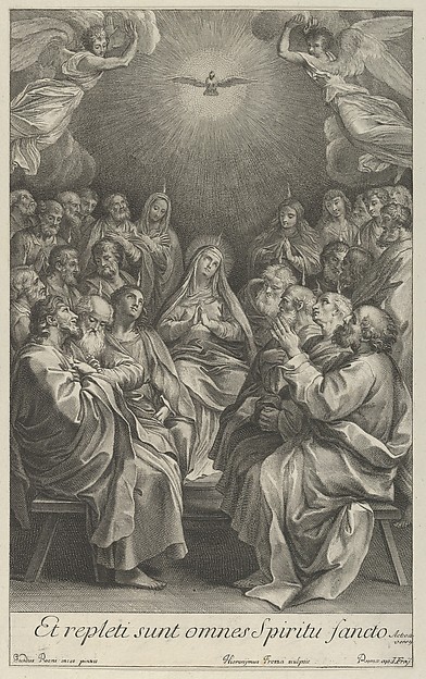 The Virgin with apostles looking up towards the Holy Dove and two angels, after Reni by Giovanni Girolamo Frezza