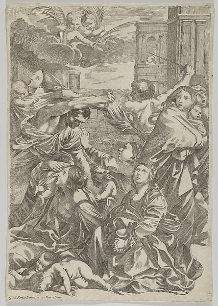Massacre of the Innocents; group of women and children being attacked, two angels at upper left, after Reni by Anonymous