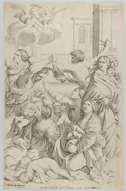 Massacre of the Innocents; group of women and children being attacked, two angels at upper left, after Reni by Gian Battista Bolognini