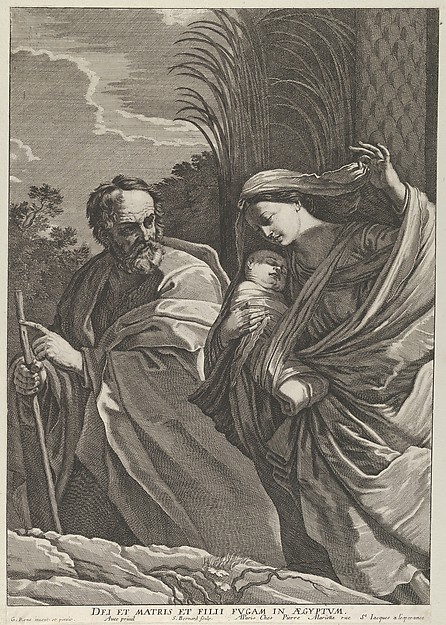 The Flight into Egypt; the Virgin carrying the infant Christ, Joseph pointing to the left, trees behind them, after Reni by Samuel Bernard