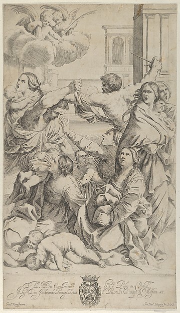 Massacre of the Innocents; group of women and children being attacked, two angels at upper left, after Reni by Gian Battista Bolognini