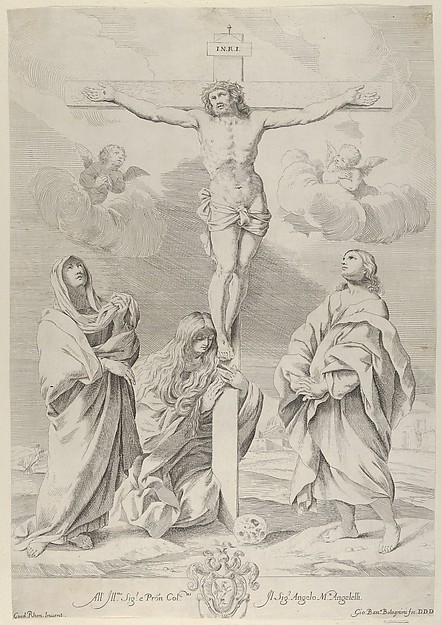 Christ on the cross, Saint John the Baptist at right, Mary Magdelene and the Virgin at left, after Reni by Gian Battista Bolognini