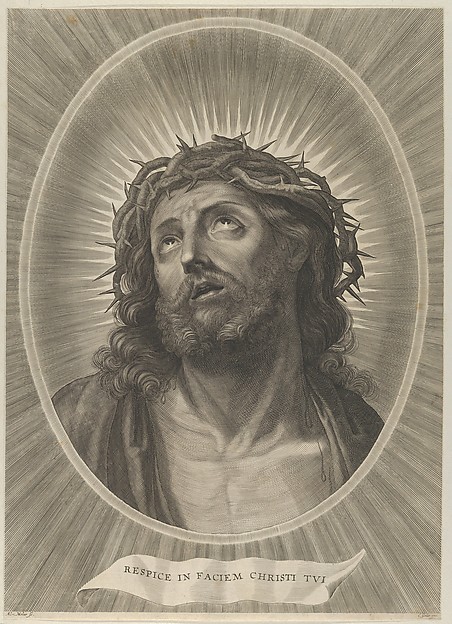 Head of Christ looking up with crown of thorns, in an oval frame, after Reni by Adrian van Melar