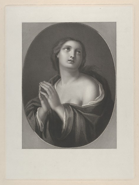 Female personification of Hope looking up with hands held together and left shoulder exposed, in an oval frame, after Reni