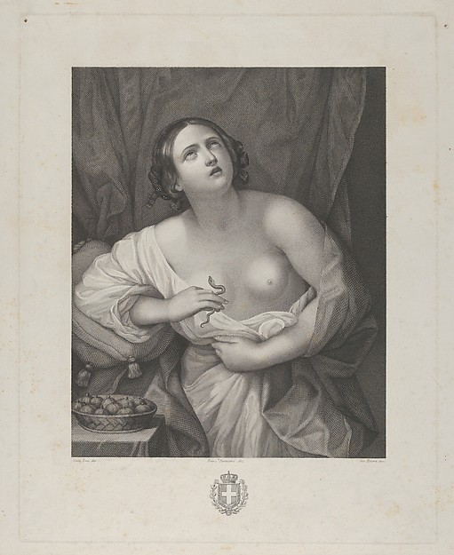 Cleopatra looking upwards while holding an asp in her right hand and clutching at her stomach with her left, a bowl of figs at left, after Reni
