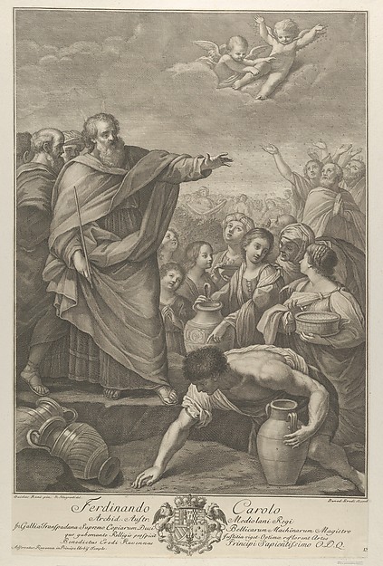 Moses at left with the Israelites who gather manna as it falls from the sky, two angels above, after Reni by Benedetto Eredi