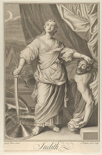Judith standing and looking up, holding the head of Holofernes in her left hand and a sword in her right, tents in the background, after Reni