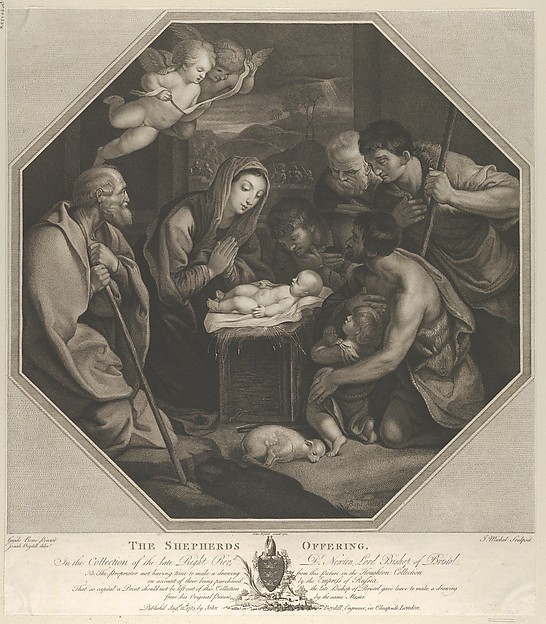 The infant Christ lying on a wooden box, the Virgin kneeling in prayer before him, Saint Joseph at left, shepherds at right, in an octagonal frame, after Reni by Jean-Baptiste Michel