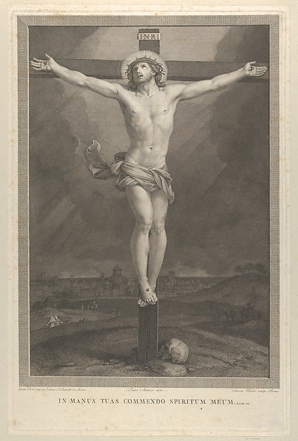 Christ crucified on the cross, a skull at the base, buildings in the background, after Reni by Giovanni Volpato
