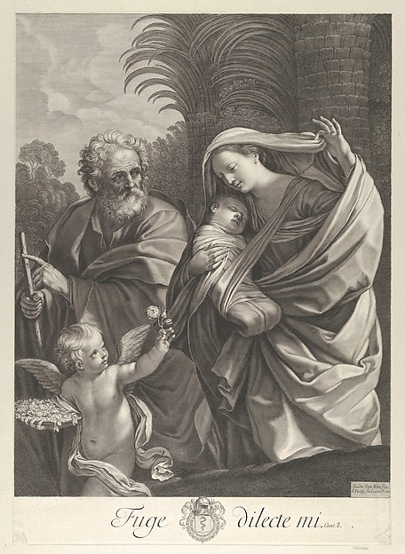 The Flight into Egypt; the Holy Family walking together, Saint Joseph pointing to the left and the Virgin carrying the infant Christ, an angel in front of her offering a flower, after Reni by Francois de Poilly