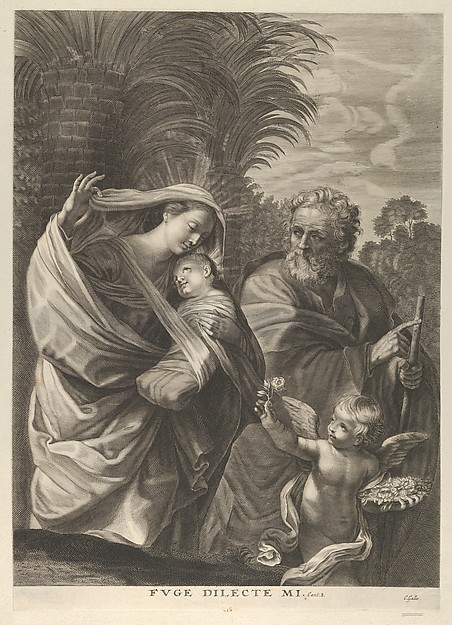 The Flight into Egypt; the Holy Family walking together, Saint Joseph pointing to the right and the Virgin carrying the infant Christ, an angel in front of her offering a flower, after Reni by Anonymous
