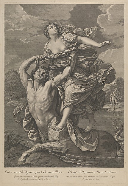 Dejanira being abducted by the centaur Nessos, a man with bow and arrow at right, after Reni