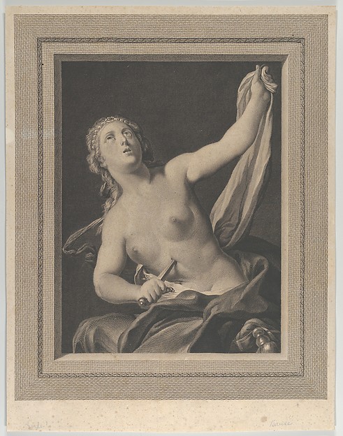 Lucretia seated, half naked, stabbing herself in the stomach with a dagger in her right hand and holding a cloth in her raised left hand, looking upwards, after Pellegrini?