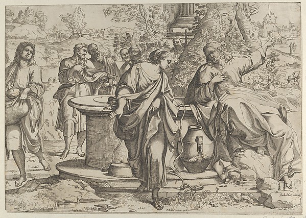 The Samaritan woman standing at the well, Christ seated next to her pointing to the right, after Annibale Caracci by Anonymous