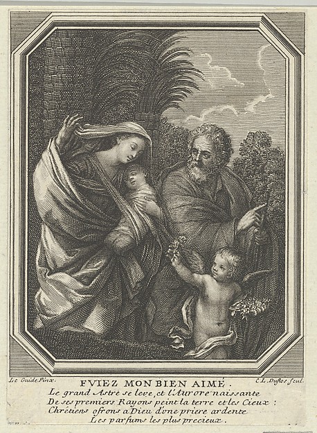 The Flight into Egypt; the holy family walking with the young John the Baptist, trees behind them, in an octagonal frame, after Reni by Claude Augustin Duflos le Jeune