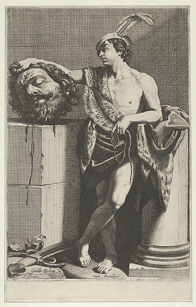 David standing with crossed legs and holding the head of Goliath on a pedestal at left, a sword on the ground, after Reni