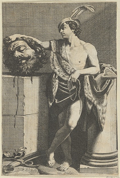 David standing with crossed legs and holding the head of Goliath on a pedestal at left, a sword on the ground, after Reni