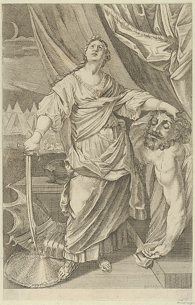 Judith standing and looking up, holding the head of Holofernes in her left hand and a sword in her right, tents in the background, after Reni