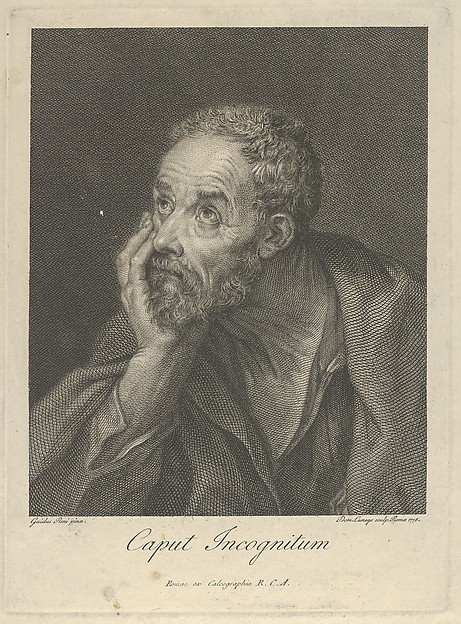 An old bearded man resting his head on his right hand and looking upwards to the left, after Reni