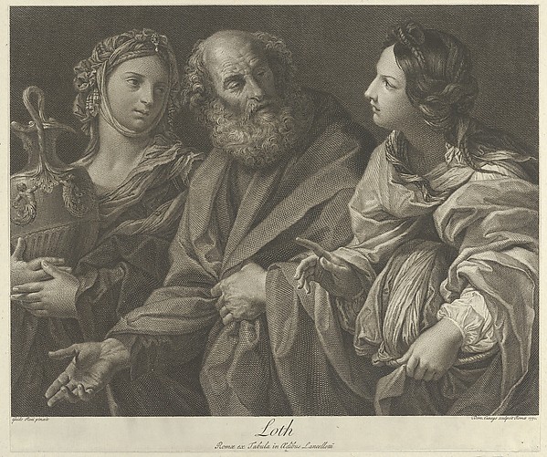 Lot flanked by his two daughters, one of them holding a decorated jug, after Reni