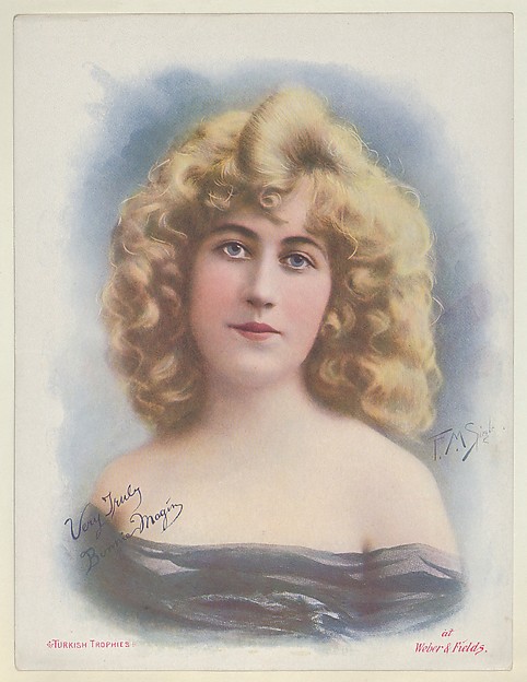 Bonnie Magin at Weber & Fields, from the Actresses series (T1), distributed by the American Tobacco Co. to promote Turkish Trophies Cigarettes by Frederick Moladore Spiegle, The Metropolitan Museum of Art