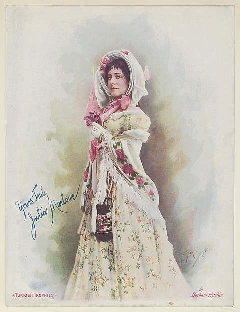 Julia Marlowe in Barbara Fritchie, from the Actresses series (T1), distributed by the American Tobacco Co. to promote Turkish Trophies Cigarettes by Frederick Moladore Spiegle, The Metropolitan Museum of Art