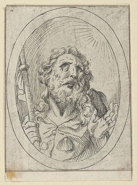 Saint James Major, looking upwards and holding a staff, from "Christ, the Virgin, and Thirteen Apostles" by Anonymous, 17th century