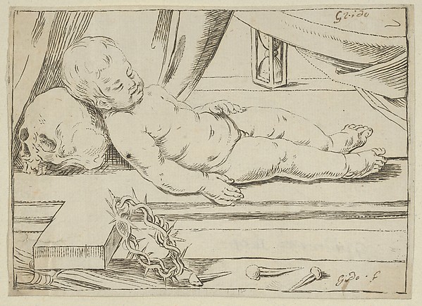 The infant Christ asleep on a cross, his head resting on a skull, a crown of thorns and nails in the foreground by Anonymous, Italian, 17th century