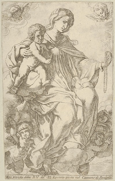 The Virgin in the clouds holding a rosary in her left hand and embracing the infant Christ, who also holds a rosary, angels surrounding them by Lorenzo Loli
