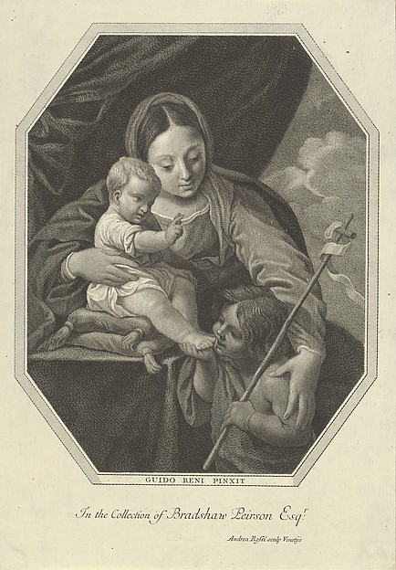 The Virgin with the infant Christ seated on a cushion and the young Saint John the Baptist kissing his foot, an octagonal composition, after Reni by Andrea Rossi
